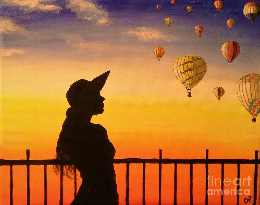 Hot Air Balloons Painting - Woman Watching Air Balloons by Olga Zavgorodnya