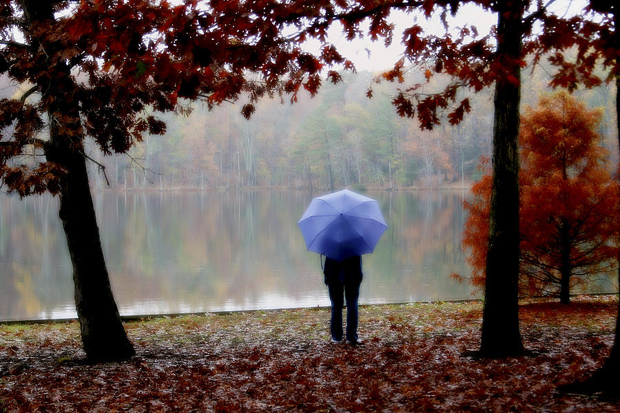 Woman With A Blue Umbrella Photograph