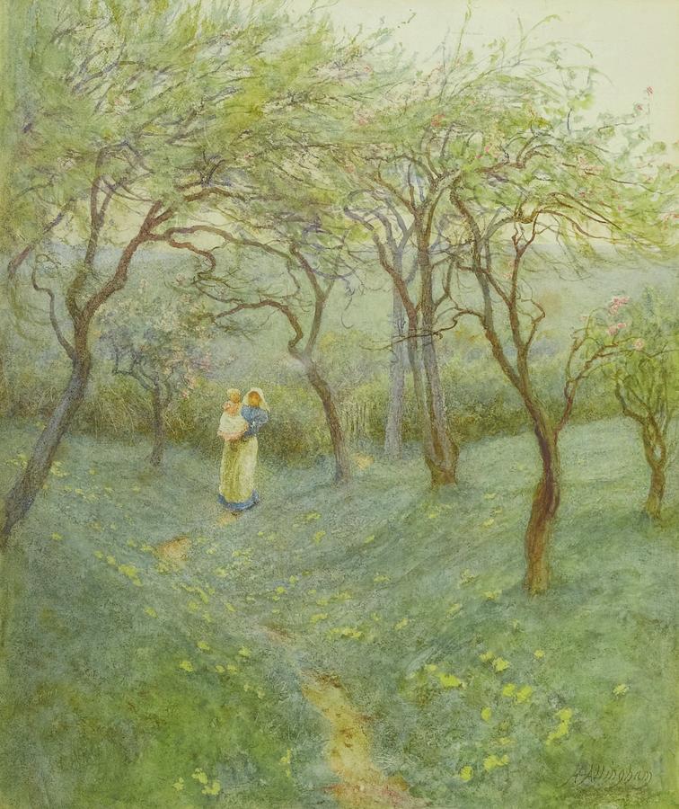Woman With A Child On A Path In An Orchard Painting by Helen Allingham