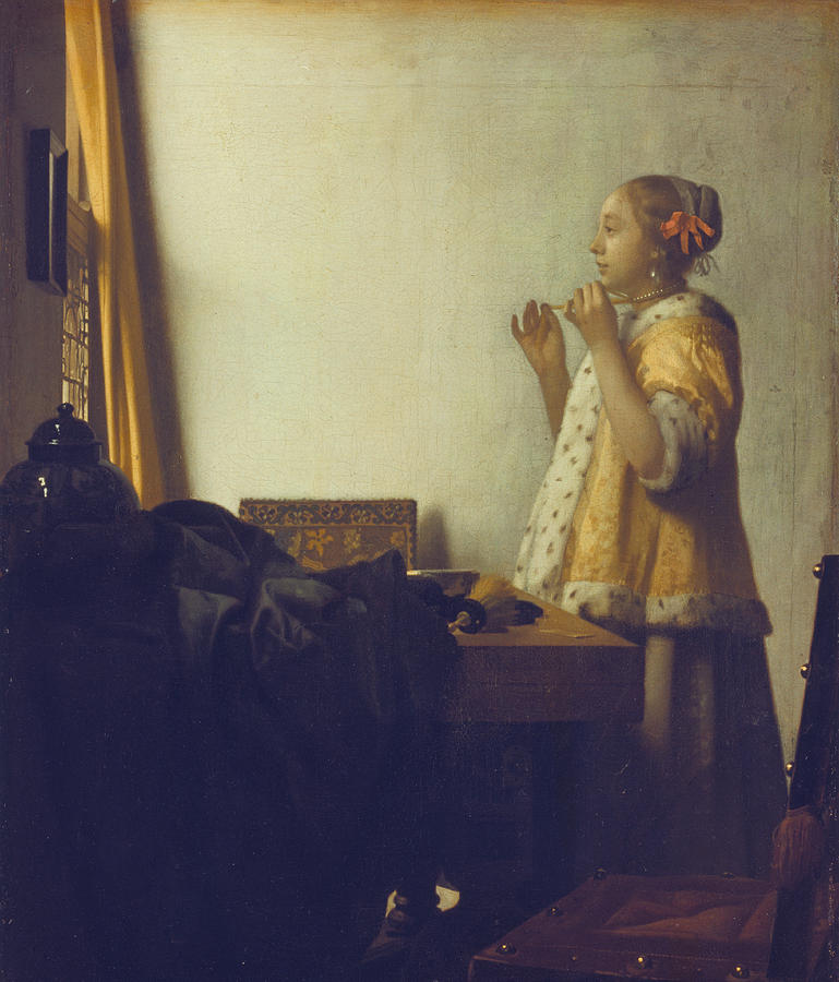 Woman with a Pearl Necklace Painting by Jan Vermeer