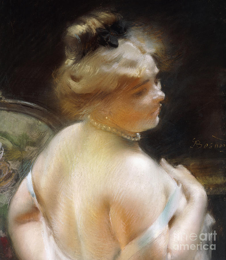 Paul Albert Besnard Pastel - Woman with a Pearl Necklace by Paul Albert Besnard