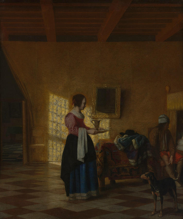 Woman with a Water Pitcher, and a Man by a Bed Painting by Pieter de Hooch