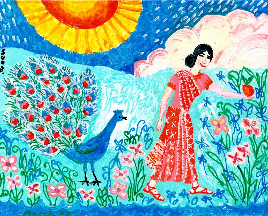 Peacock Painting - Woman with Apple and Peacock by Sushila Burgess
