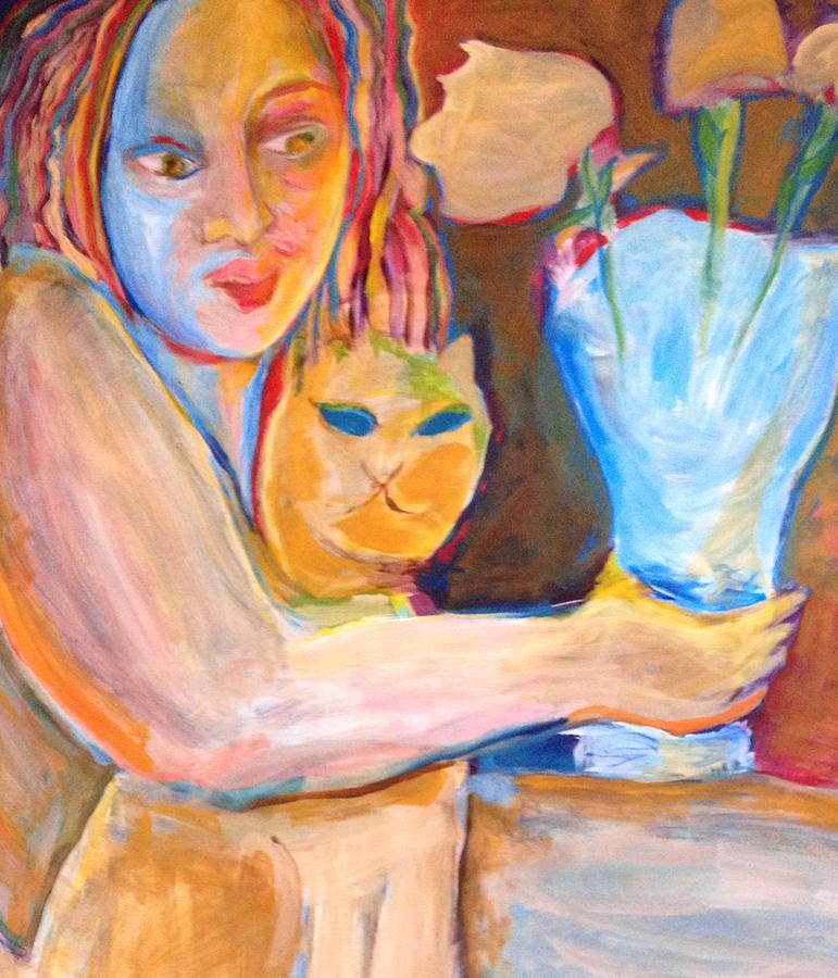 Woman with Cat and Floweres Painting by Rosalinde Reece
