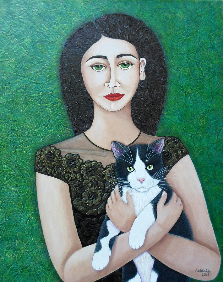 Cat Painting - Woman with cat soul  by Madalena Lobao-Tello