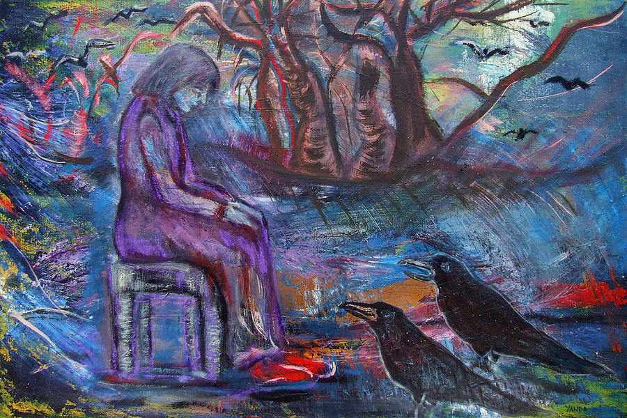 Woman with Crows Painting by Katt Yanda