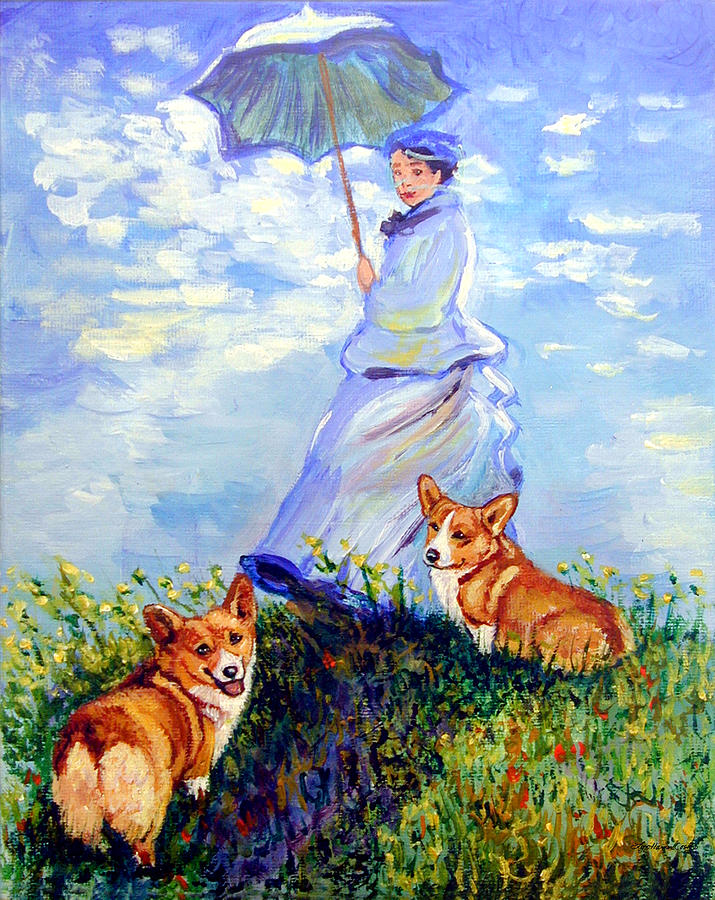 Claude Monet Painting - Woman with Parasol and Corgis after Monet by Lyn Cook