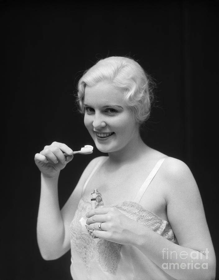 Woman With Toothbrush, C.1930s Photograph by H Armstrong Roberts ClassicStock