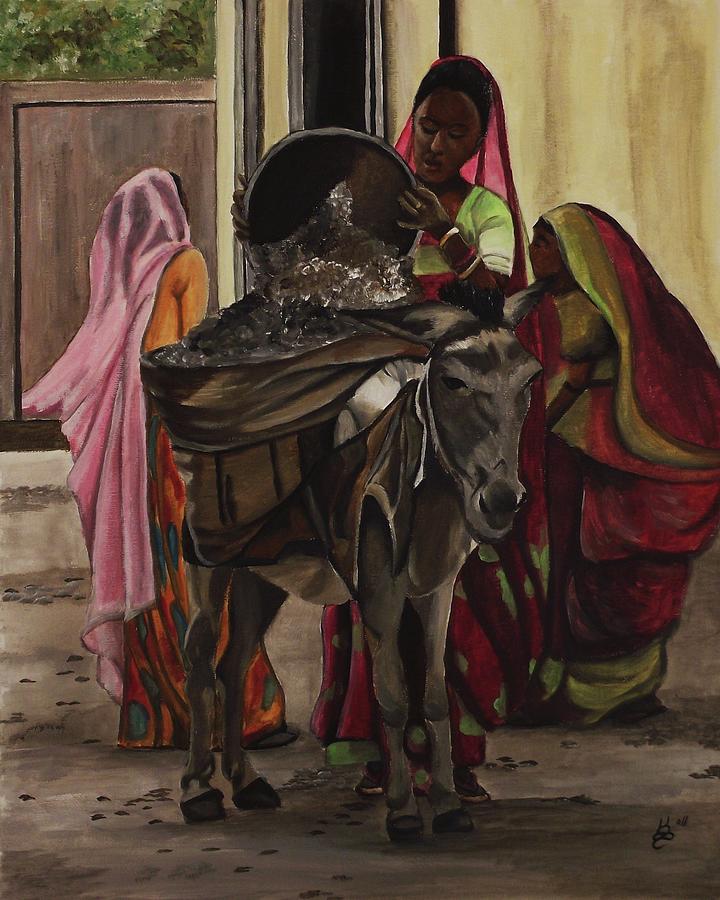 Donkey Painting - Women and Donkey at Work by Kim Selig