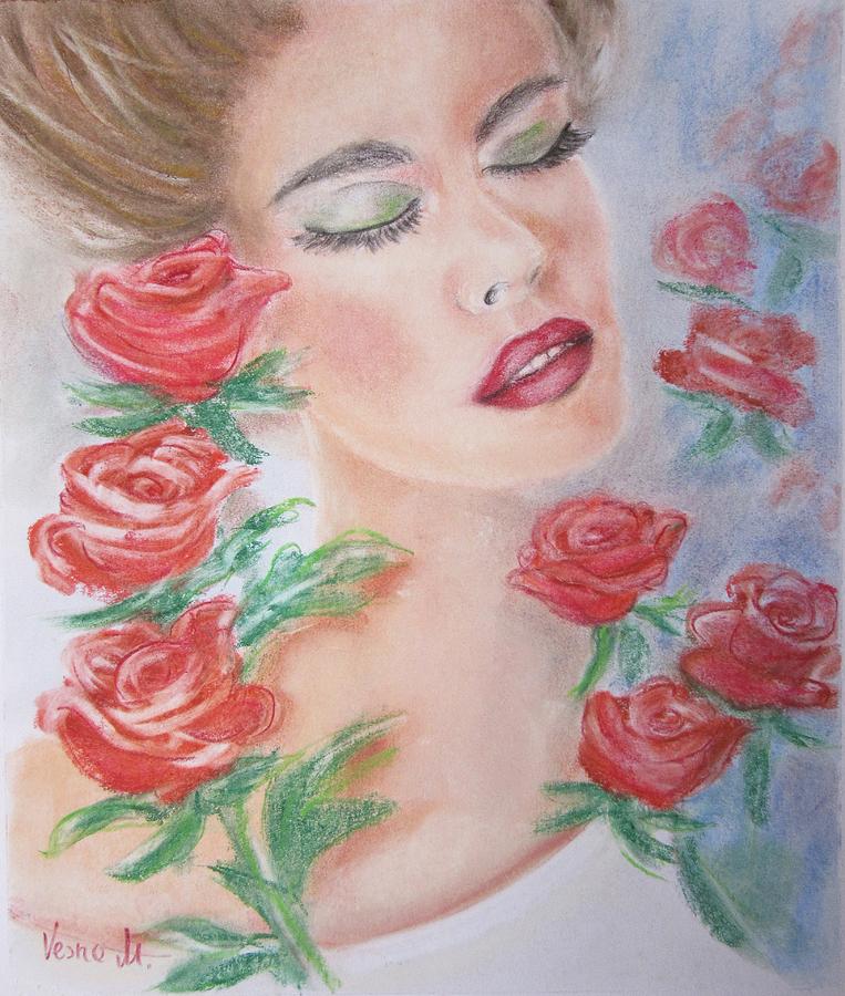 Women And Roses Pastel by Vesna Martinjak
