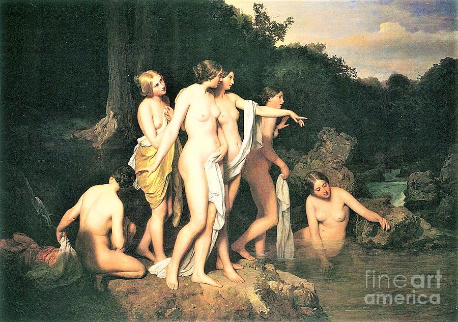 Women bathing at the brook Painting by 