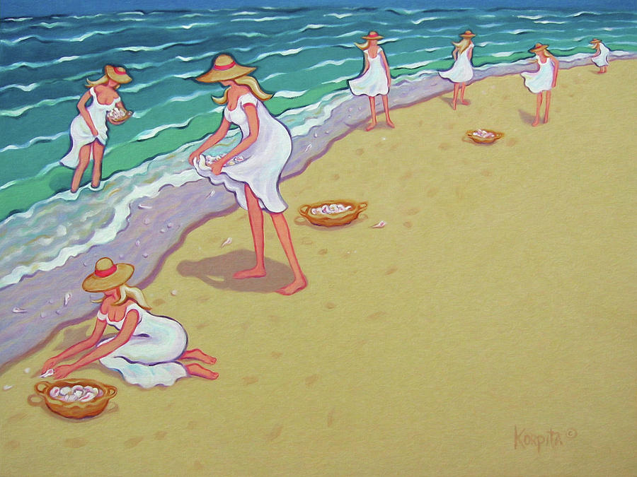 Fantasy Painting - Women Beach Seashells - Sisters of the Sea by Rebecca Korpita