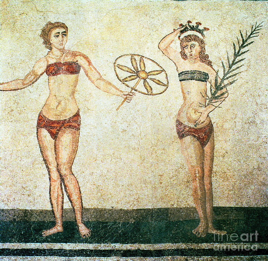 Etruscan Painting - Women in bikinis from the Room of the Ten Dancing Girls by Roman School