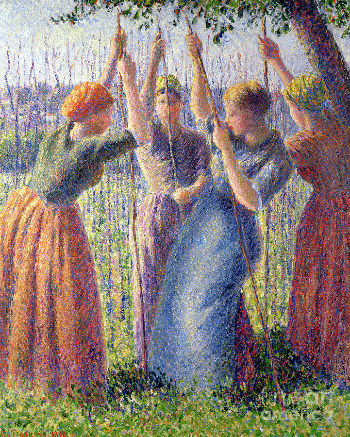 Impressionism Painting - Women Planting Peasticks by Camille Pissarro