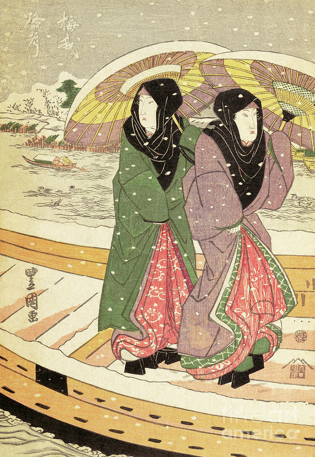 Women Walking over a Bridge in Snow Painting by Hiroshige