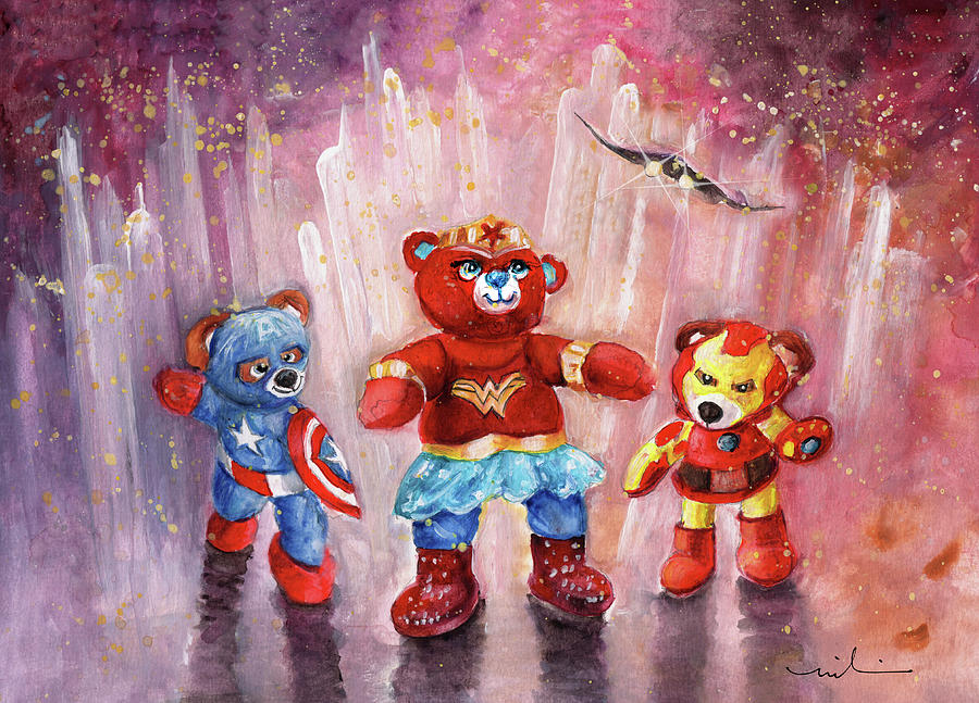 Wonder Bearbie With Captain Abearica and Iron Bear Painting by Miki De Goodaboom