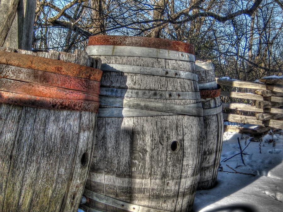 Wood  Barrel oak fermentation whiskey bourbon cask winter snow wood faust park Photograph by Jane Linders