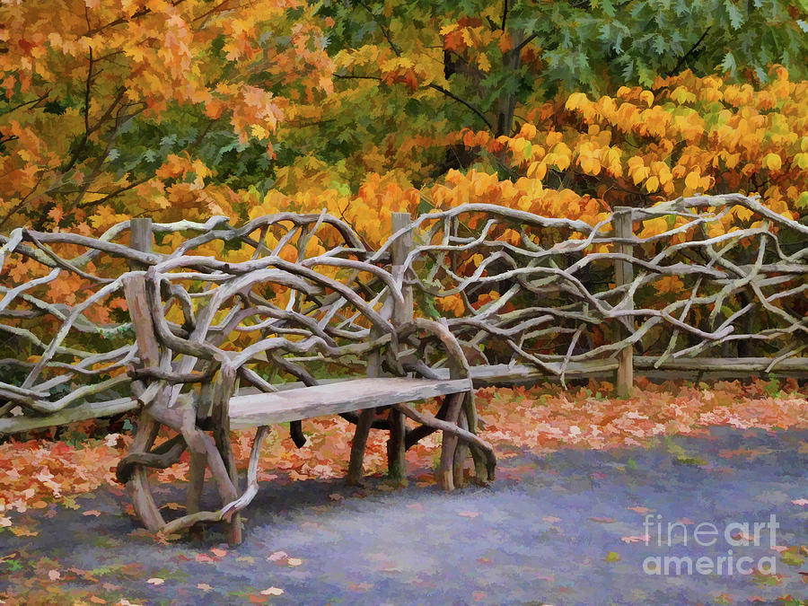 Wood bench at Olana 1 Painting by Jeelan Clark