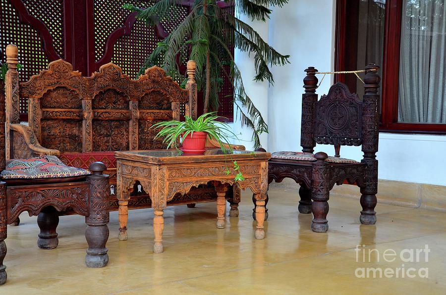 Wood carved handicraft seat chairs and sofa Swat Valley Pakistan Photograph by Imran Ahmed