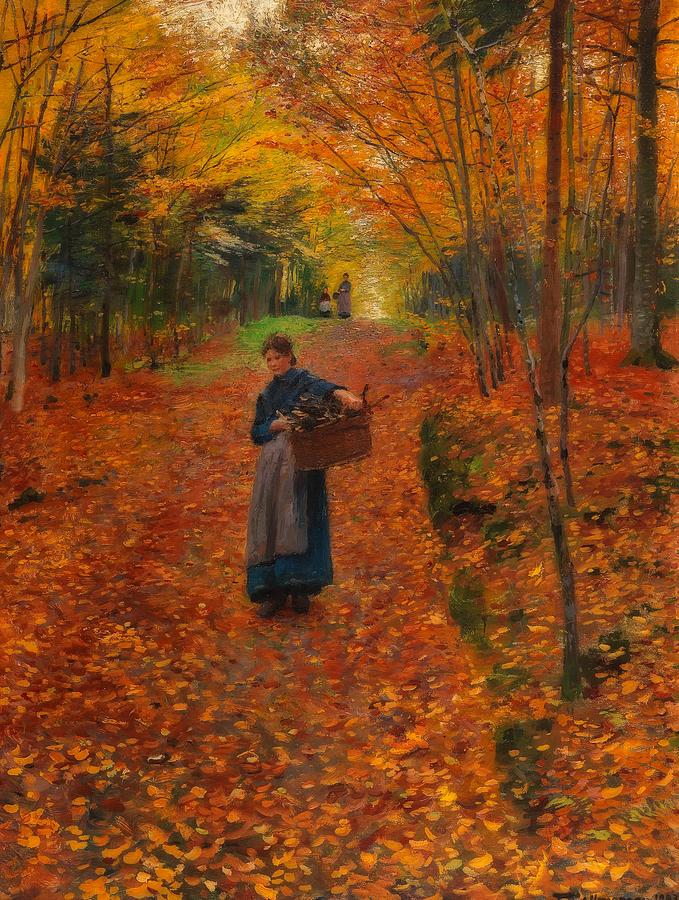 Wood Collector In The Autumn Forest Painting by Mountain Dreams