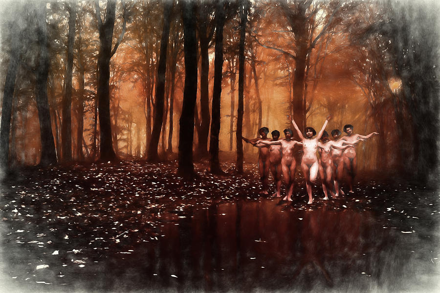 Wood Nymphs Bathing During Forest Fire Digital Art by John Haldane