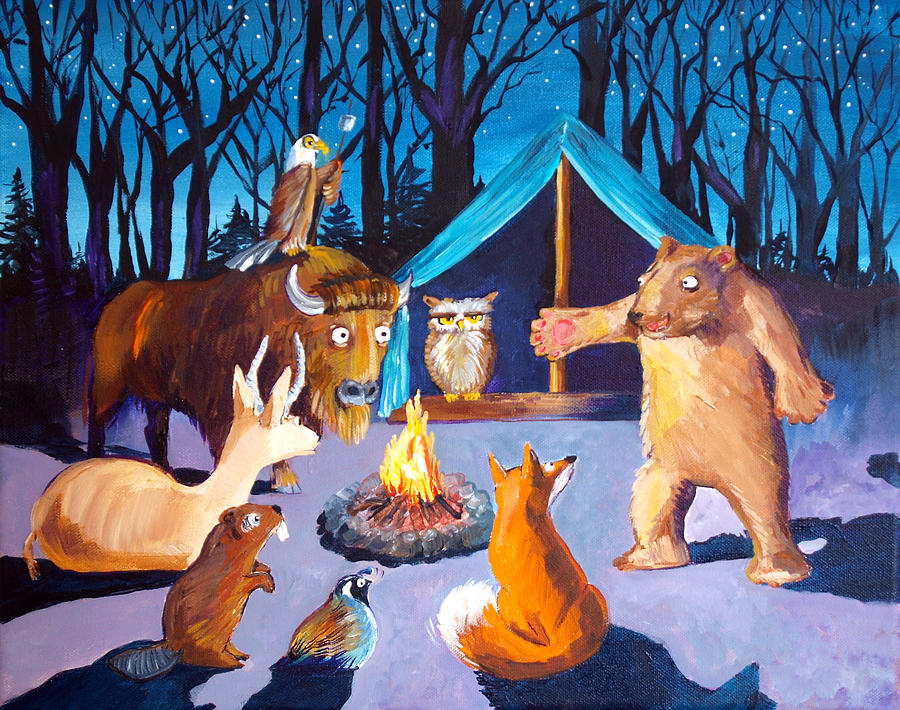 Woodbadge Bear at the Campfire Painting by Judi Krew