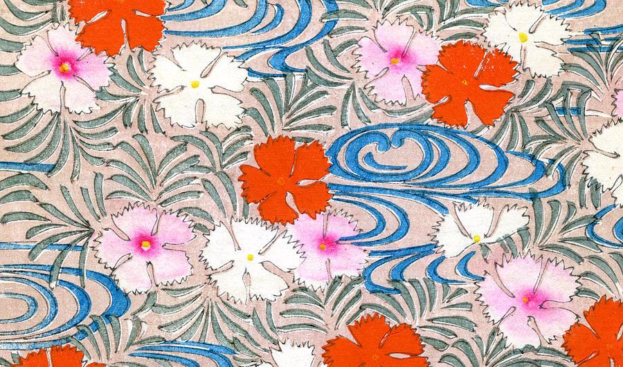 Woodblock Print of Carnation Flowers Painting by Japanese School