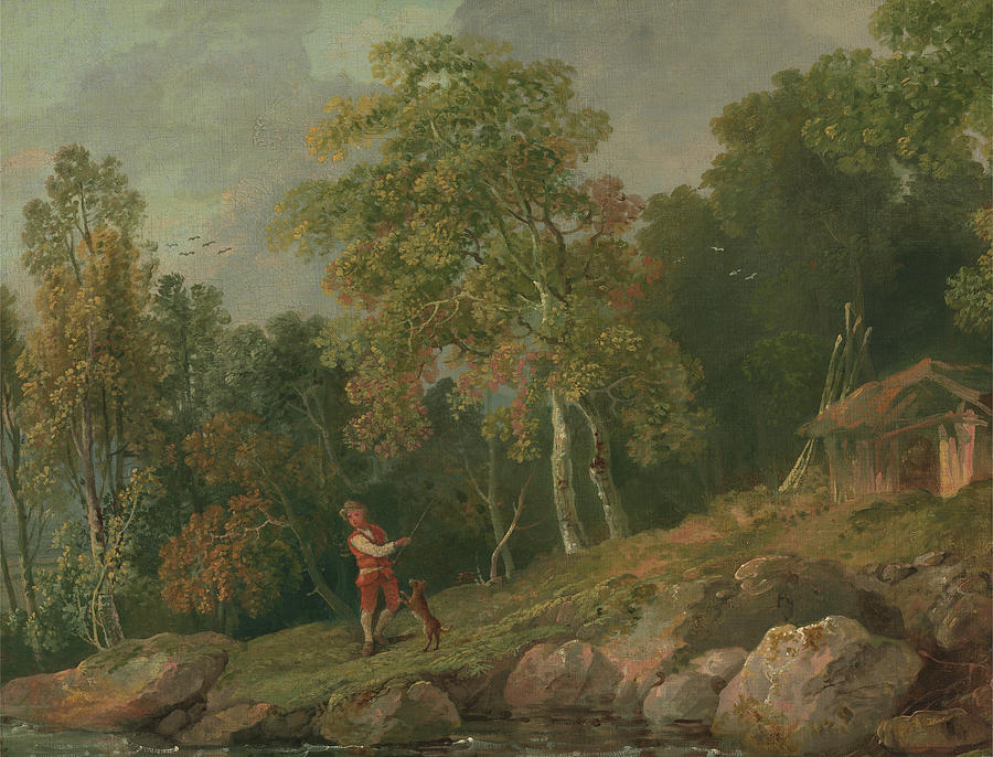 Wooded Landscape with a Boy and his Dog Painting by MotionAge Designs