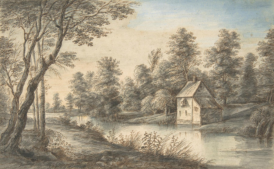 Wooded Landscape with a House beside a River Drawing by Lucas van Uden