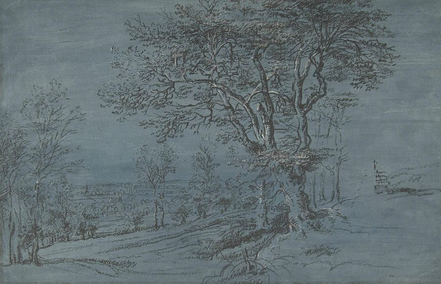Wooded Landscape with a House by a River Drawing by Lucas van Uden