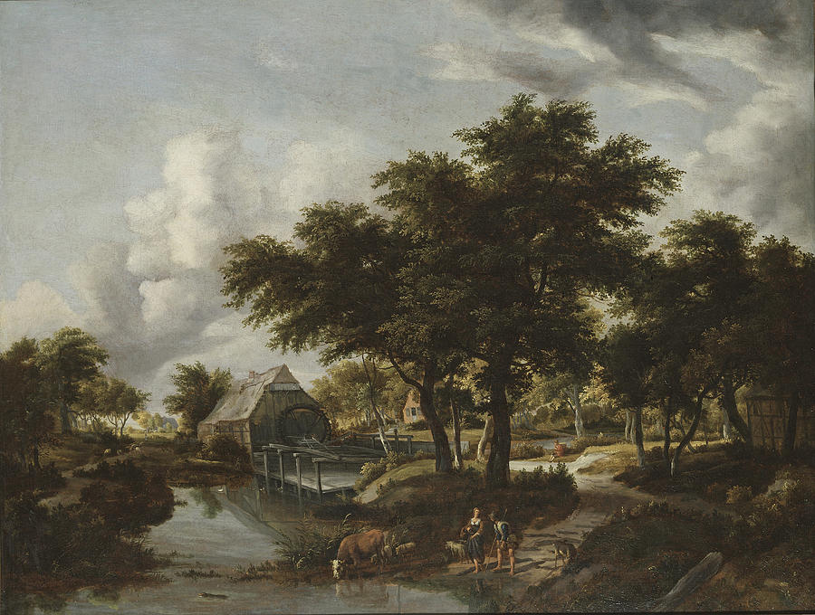 Wooded Landscape with a Watermill Painting by Meindert Hobbema
