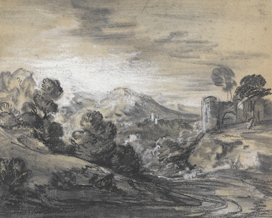 Wooded Landscape with Castle Drawing by Thomas Gainsborough