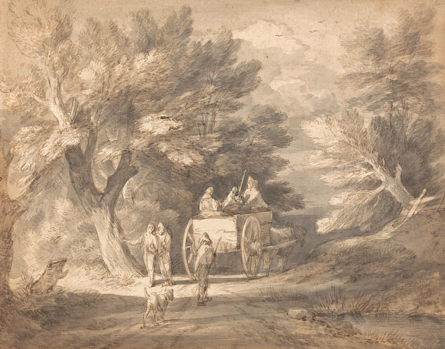 Wooded Landscape with Country Cart and Figures Walking down a Lane Drawing by Thomas Gainsborough