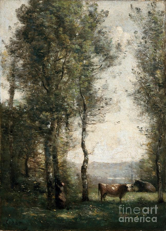 Wooded Landscape with Cows Painting by MotionAge Designs