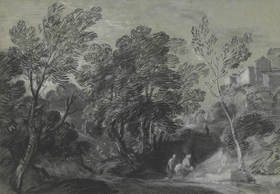 Wooded Landscape with Figures and Houses on the Hill Drawing by Thomas Gainsborough