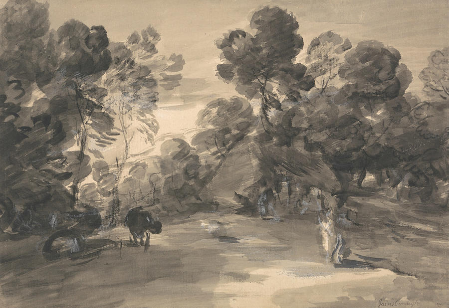 Wooded Landscape with Figures, Cottage and Cow Drawing by Thomas Gainsborough
