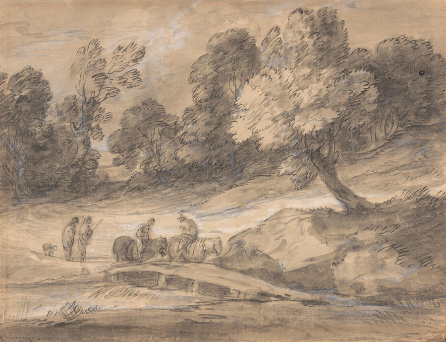 Wooded Landscape with Figures on Horseback Crossing a Bridge Drawing by Thomas Gainsborough
