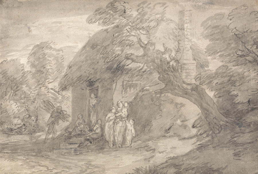 Wooded Landscape with Figures outside a Cottage Door Drawing by Thomas Gainsborough