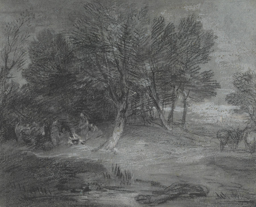 Wooded Landscape with Gypsy Encampment Drawing by Thomas Gainsborough