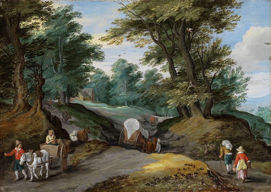 Wooded landscape with horses carts and to the market attracting farmers Painting by Jan Brueghel the Younger