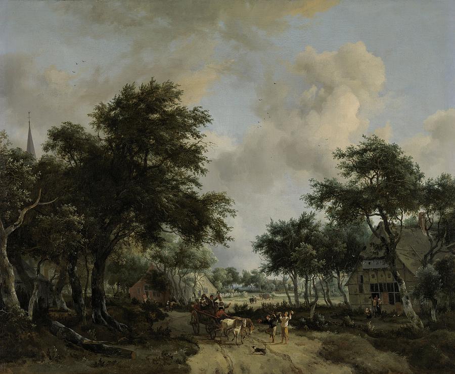 Wooded Landscape with Merrymakers in a Cart, Meindert Hobbema, c. 1665 Painting by Celestial Images