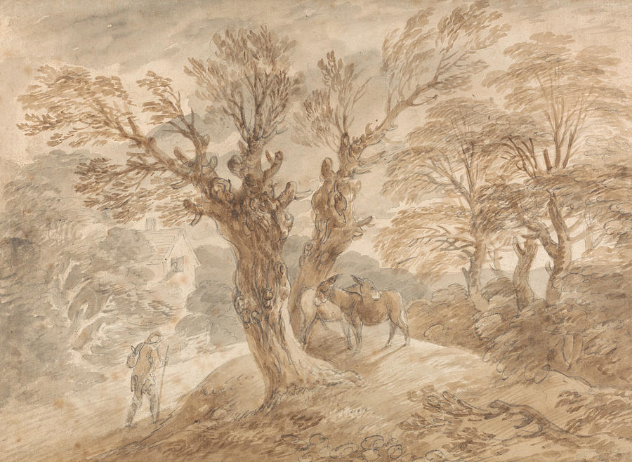 Wooded Landscape with Peasant and Donkeys Drawing by Thomas Gainsborough