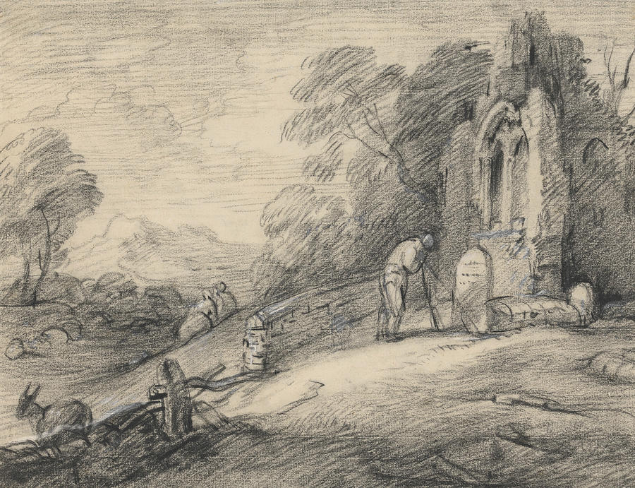 Wooded Landscape with Peasant Reading an Inscription on a Tombstone beside a Ruined Church Drawing by Thomas Gainsborough