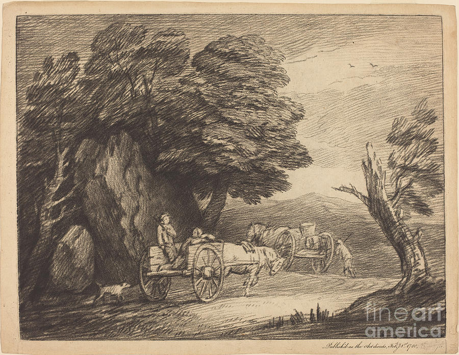 Wooded Landscape With Two Country Carts And Figures Drawing by Thomas Gainsborough