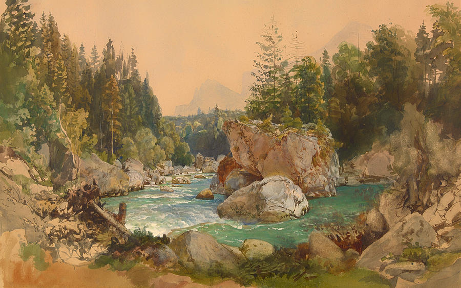 Vintage Painting - Wooded River Landscape In The Alps by Mountain Dreams