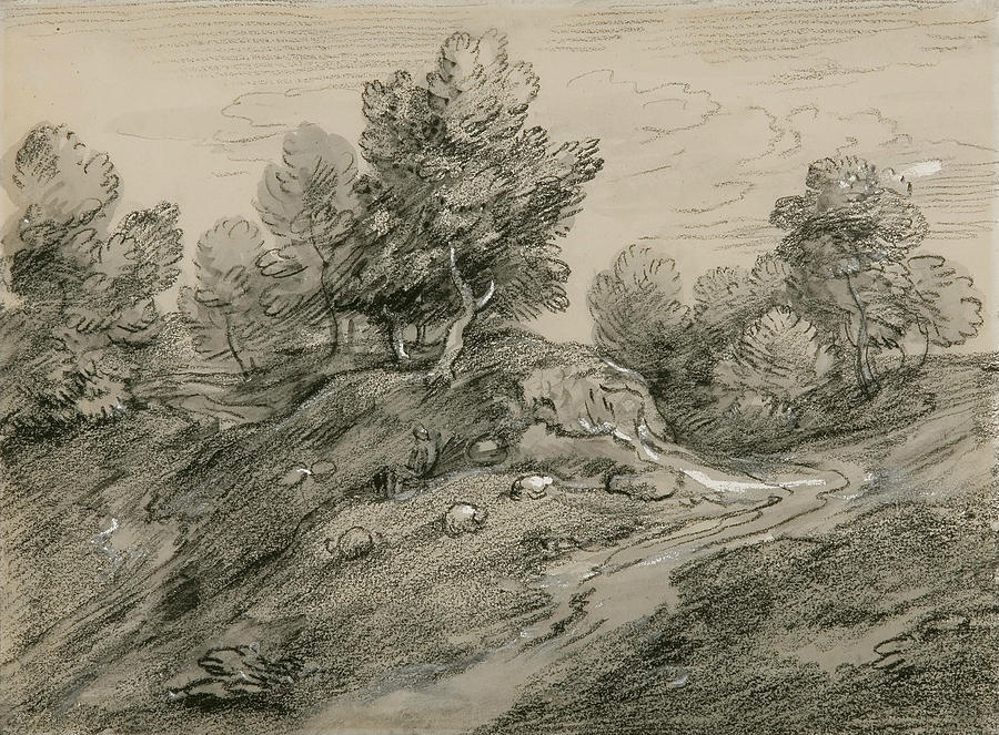 Wooded upland landscape with shepherd and sheep and country track  Drawing by Thomas Gainsborough