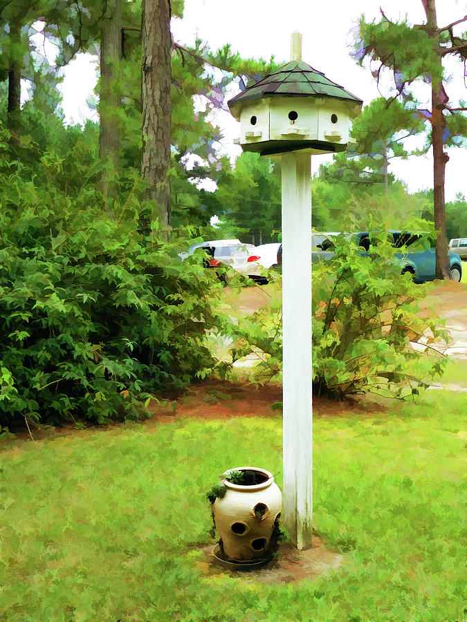 Wooden bird house on a pole 6 Painting by Jeelan Clark