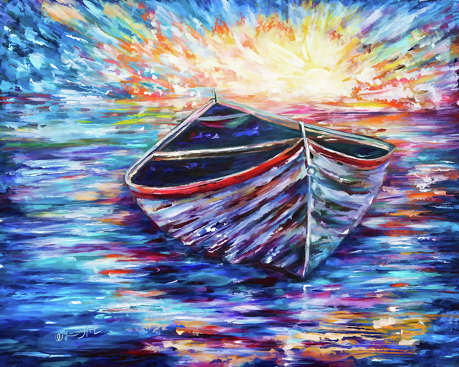 Wooden Boat at Sunrise A Seascape in Thick Impasto Texture Painting by OLena Art by Lena Owens - Vibrant DESIGN