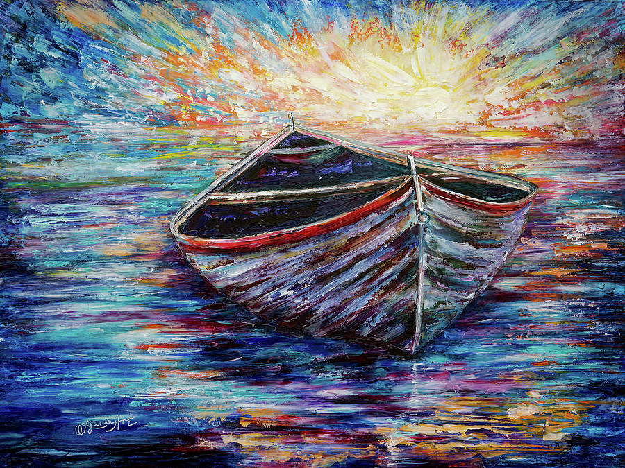 An Idyllic Morning Scene With a Wooden Boat Painting by OLena Art by Lena Owens - Vibrant DESIGN