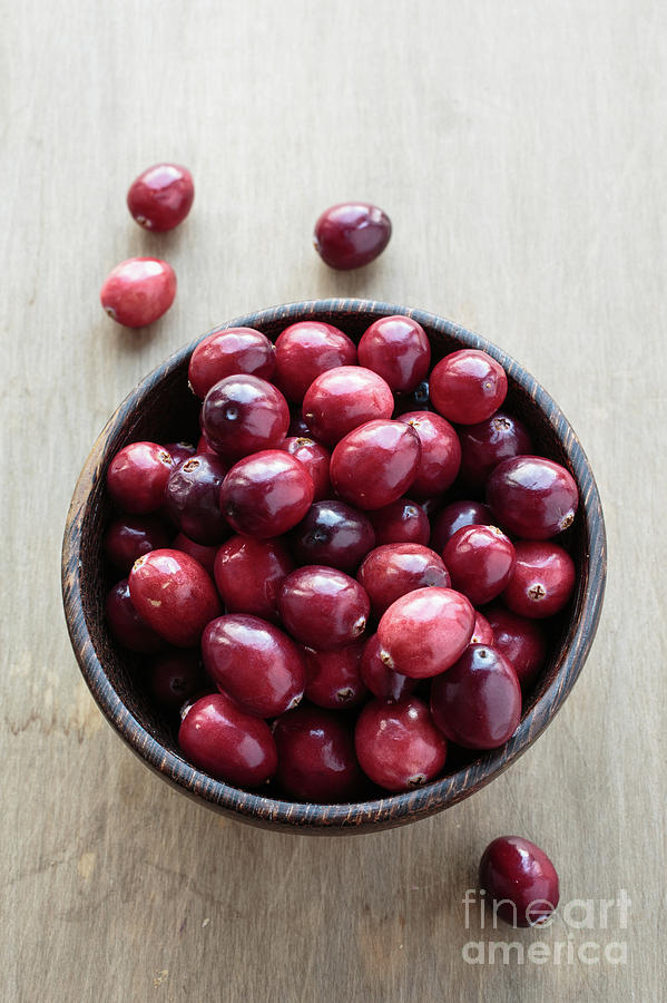 Wooden bowl of ripe red cranberries Photograph by Edward Fielding
